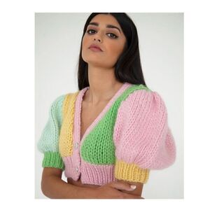 Hope Macaulay Free People Sparkle Puff Sleeve Color Block Pastel Chunky Knit Car